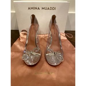 SIZE 38.5 - BRAND NEW AMINA MUADDI BETTY GLASS PUMP W/ CRYSTAL-EMBELLISHED BOW